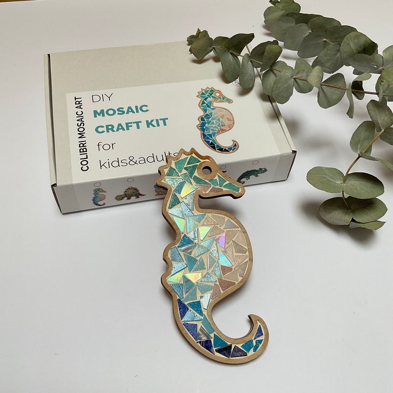 Funny sea horse DIY craft mosaic kit Gift for kids Home decor for wall blue mosaic picture image 6