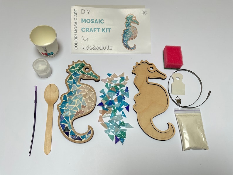 Funny sea horse DIY craft mosaic kit Gift for kids Home decor for wall blue mosaic picture image 7