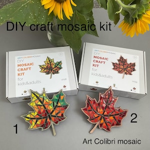 Può includere: Due kit fai-da-te per mosaici artigianali con motivi a foglia d'acero. I kit sono confezionati in scatole con il testo "Art Colibri Mosaic" e "DIY Mosaic Craft Kit for kids & adults". Le scatole sono numerate 1 e 2.