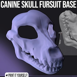 Puede incluir: Dos bases de cráneo de canino impresas en 3D. Una es de color morado claro, la otra es gris. El texto "CANINE SKULL FURSUIT BASE .STL" está en la parte superior. La esquina inferior izquierda dice "PRINT IT YOURSELF!"