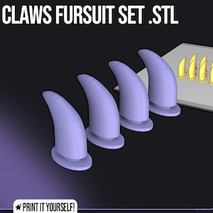 May include: A digital rendering of a claw fursuit set. The image features four large, light purple claws and a set of six smaller, yellow claws. Text at the top reads "CLAWS FURSUIT SET .STL". The bottom left corner says "PRINT IT YOURSELF!"