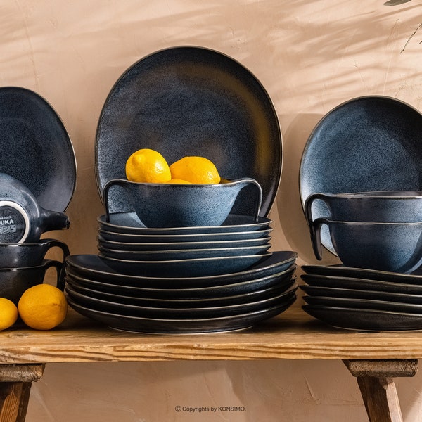 Handgemaakte serviessetcombinatie voor 6 personen - TIME BLACK magnetronbestendige bordenset modern - servies van hard porselein