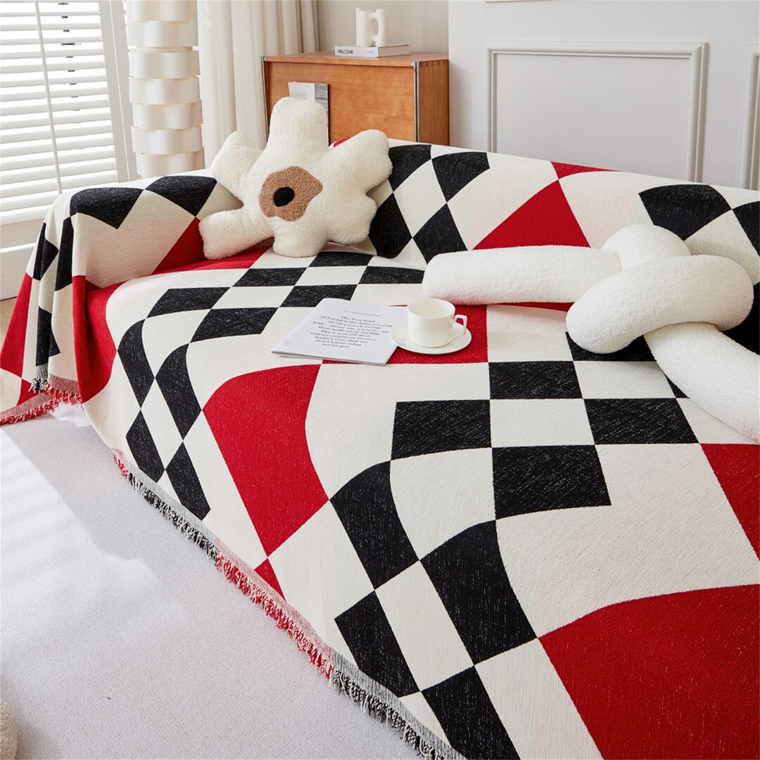 Vintage Red Plaid Sofa Covers With Fringes Super Soft Chenille Etsy