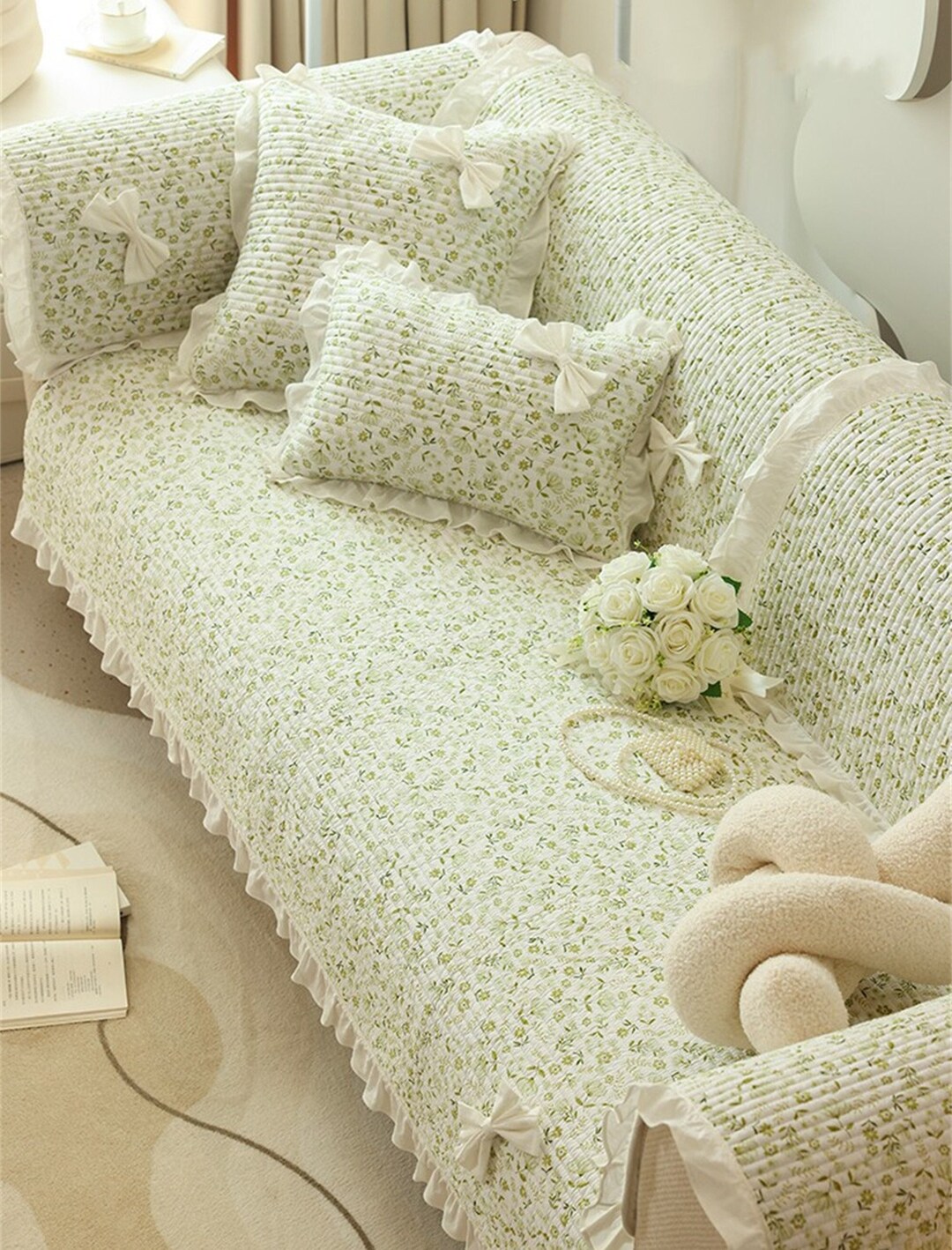 Green Floral Sofa Covers With Lace Edge Handmade Bows Sofa Etsy