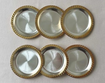 Vintage Italian Silver-Plated Coasters | Set of 6 | Gold Greek Key Meander Rim | Made in Italy, 1980s