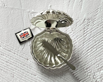 Silver Plated Shell Butter Dish with Butter Knife - Metal Clam Seashell Caviar Bowl with Glass - Made in England