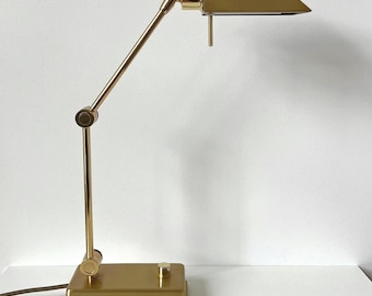 Holtkötter German Brass Table Lamp in Retro Gold | Vintage Tall Adjustable Desk Lamp | Collectible Lighting | Made in Germany, 80s