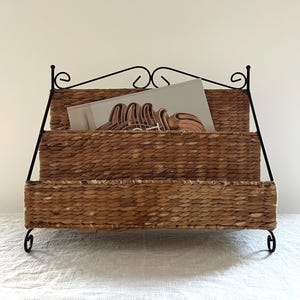 Vintage 1950s Rattan & Metal Magazine Rack | Mid‑Century Wicker Newspaper Stand | Rustic MCM Floor Organizer