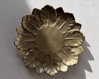 Vintage Collini Austria Solid Brass Flower Tray | 1960s Round Leaf Trinket Dish with Patina