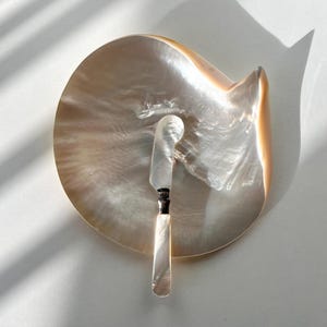 Könnte beinhalten: Ein dekoratives Servier-Set mit einer großen, schillernden Muschelschale und einem kleinen Buttermesser. Die Schale hat einen perlmuttartigen Glanz mit Creme- und Goldtönen. Das Messer hat einen Griff aus Perlmutt und eine silberne Klinge.