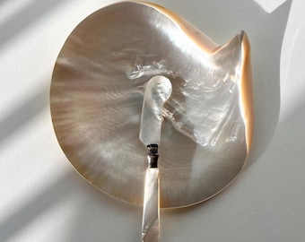 Mother of Pearl Caviar Serving Set | Vintage Shell Dish & Pearl Knife | Luxury Shell Tray, Collectible Pearl Platter