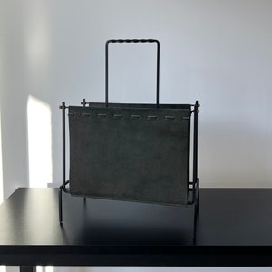 Dark Green Leather Magazine Rack - Mid Century Newspaper Holder Made of Metal and Leather - Germany, 60s