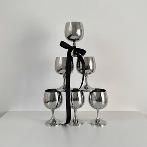 Vintage Italian Stainless Steel Wine Goblets | 1980s Mid‑Century Tableware | Footed Metal Wine Glasses | Silver Wine Glasses