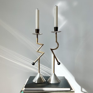 Italian Memphis Milano Design Candlesticks | Set of 2 | Postmodern ZigZag Brass Candlestick Holders | Made in Italy, 80s