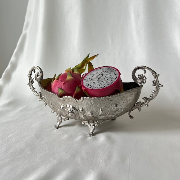 Victorian Style Silver Plated Centrepiece Dish with Small Feet - Antique Footed Silver Fruit Bowl with Handles