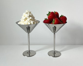 Stainless Steel Cocktail / Dessert / Ice Cream Cups by Beckmann & Rommerskirchen - Set of 2 - Tall Silver Stemmed Bowls - Germany, 80s