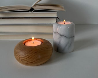 Marble & Wooden Tealight Candle Holders - Set of 2 - Vintage Tea Light Candleholders - Germany, 80s