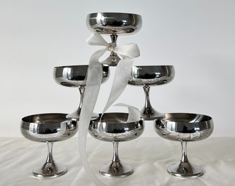 Vintage Italian Stainless Steel Coupes - Footed Silver Dessert / Ice Cream Bowls / Cups - Set of 6 - Made in Italy, 80s