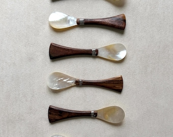 Vintage Mother-of-Pearl Caviar Spoon with Teak Handle | Mid-Century Modern MCM Serving Spoon