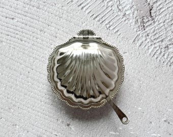 Silver Plated Shell Butter Dish with Knife and Glass Insert | Chrome Plate Metal Clam Seashell Caviar Dish