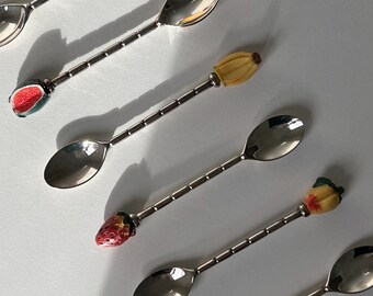 Set of 6 Italian Dessert Spoons / Teaspoons - Silver Plated with Colourful Fruits - Made in Italy, 60s