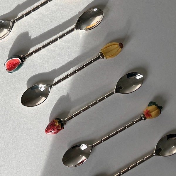 Set of 6 Italian Dessert Spoons / Teaspoons - Silver Plated with Colourful Fruits - Made in Italy, 60s