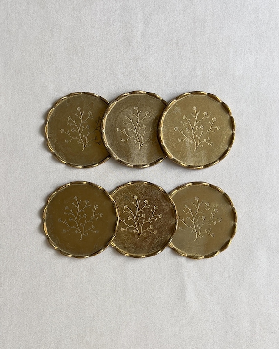 Vintage Collini Austria Rustic Brass Coasters | Set of 6 | Round Metal Table Protectors | Mid-Century Coasters with Patina | Valentine Gift