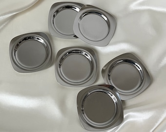 Vintage WMF Stainless Steel Coasters | Set of 4 / 6 | Space-Age Design | Metal Square Silver Coaster Set | Made in Germany, 1960s