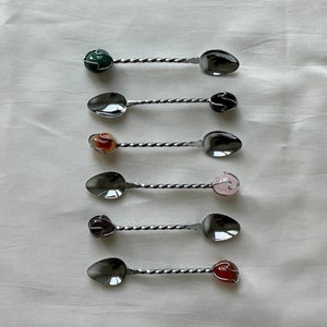 Brazilian ESTILO Silver Twisted Teaspoons with Unique Semi Precious Stones - Set of 6 - Small Spoons with Colored Stones - Brazil, 70s