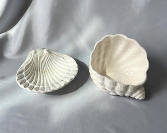 Vintage Ceramic Shell Dish | Set of 2 | White Pearl Seashell Design | Sea Shell Serving Bowl and Dish | Vintage Gift