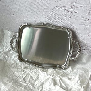 Adorned Stainless Steel Tray in Barocco Style | Mid Century Metal Silver Serving Platter with Handles | Germany, 1980s