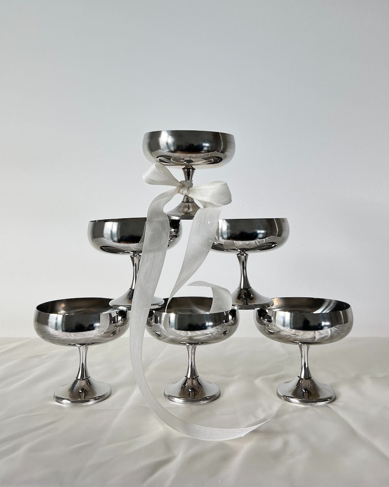 Vintage Italian Stainless Steel Coupes - Footed Silver Dessert / Ice Cream Bowls / Cups - Set of 6 - Made in Italy, 80s