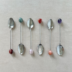Brazilian ESTILO Silver Twisted Dessert Spoon with Unique Semi-Precious Stone | Set of 6 | Vintage Silver Metal Spoons | Made in Brazil, 50s