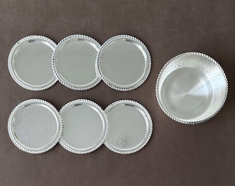 Silver-Plated Hammered Coasters with Rope/Twisted Rim | Vintage Coaster Set & Wine Bottle Coaster/Holder | Made in West Germany, 60s