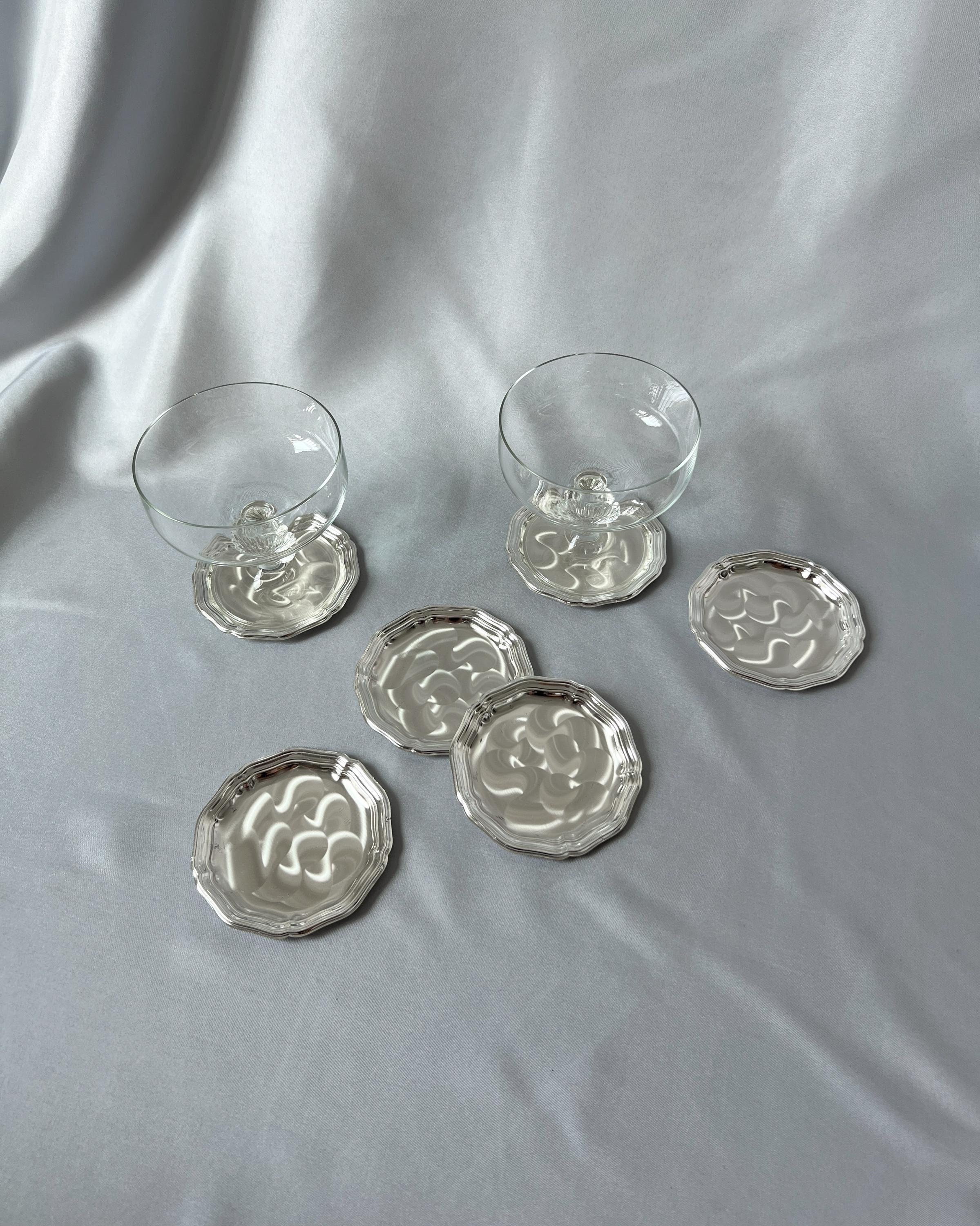 Adorned Silver Plated Coasters by QUIST | Set of 6 | Vintage Silver Metal Round Coasters | Made in West Germany, 60s