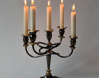Large Vintage 5-Arm Candelabra | Dark Brown & Gold | Twisted Metal Candlestick Holder | Mid-Century 1980s