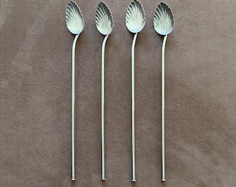Vintage Italian Silver Plated Shell Bar Spoon | Set of 4 | Drink Long Straw Cocktail Spoon | Seashell Design | Made in Italy, 60s