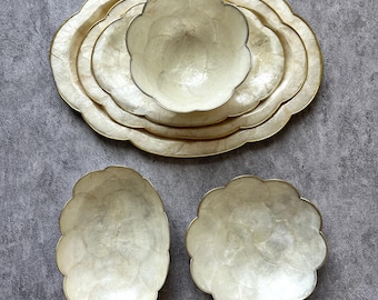 Vintage paarlemoeren dienbladen en schalen | Capiz-schelpenborden en -schalen | Kustservies