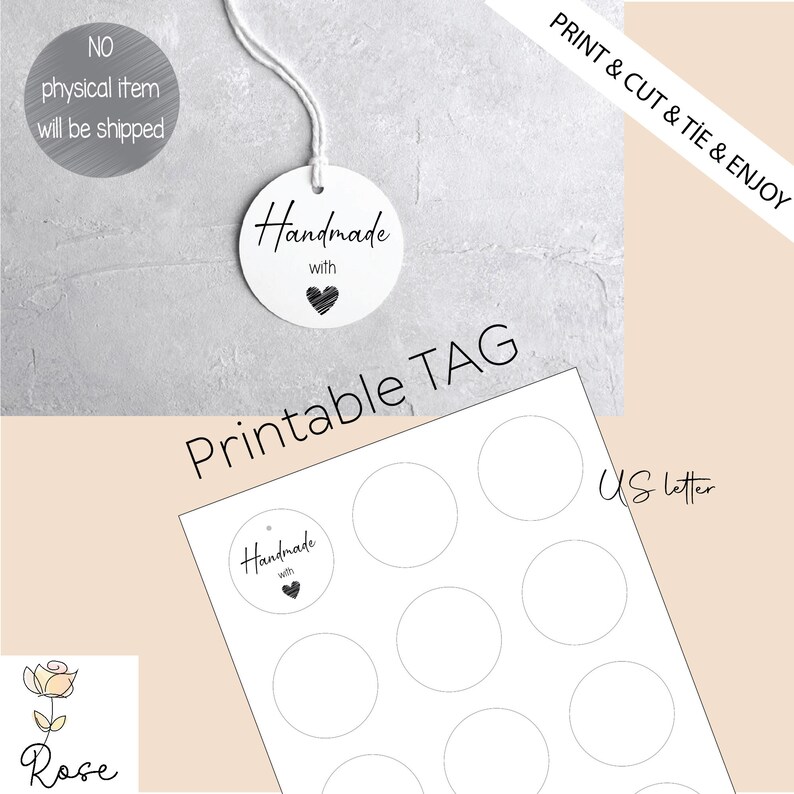 Printable Round Handmade with Love Hang Tag Template, 2" inch Round Thank You Tag, Handmade with Love Tag, Circle 2" Tags