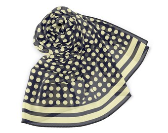 Poly Scarf, Navy Blue Scarf with Beige Polka Dots, Chiffon Scarf Gift, Neck Scarf Gift, Pocket Napkin, Trendy Gift