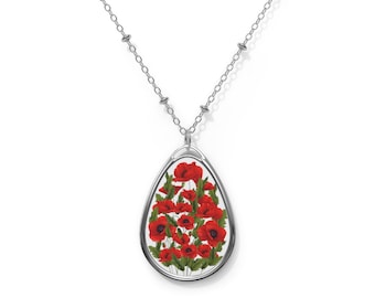 Mom Necklace, Necklace Gift, Oval Pendant with Red Poppies Motif,  Tasteful Gift for her, Metal necklace, Red Poppy Flower Necklace