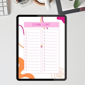 May include: A digital tablet with a white background and a pink and orange abstract design. The tablet displays a task list with two columns of checkboxes.