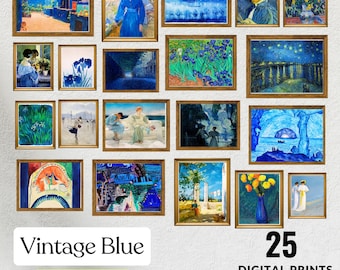 Vintage blue gallery art collections, set of 25 blue vintage print wall art blue home decor, Instant download,irises, vibrant blue wall art