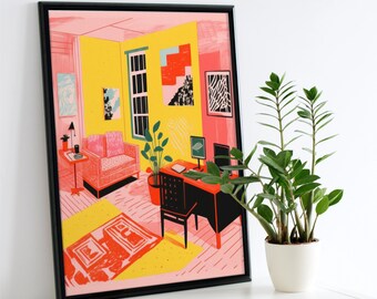 Living room illustration|Printable High resolution |Colorful print|Vibrant painting|Digital Download|colorful poster