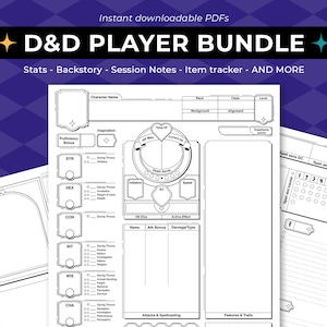 DND Player Bundle | TTRPG Player Character sheets  | PDF printable Character Sheet | D&D Campaign journal | Spellbook | Dungeons and Dragons