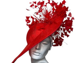 Sombrero tocado rojo tomate, sombrero de plumas rojas para el Derby de Kentucky - sombrero Ascot