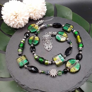 Lightbreaker glass bead necklace, unique piece! Colors: shades of green, black, silver.