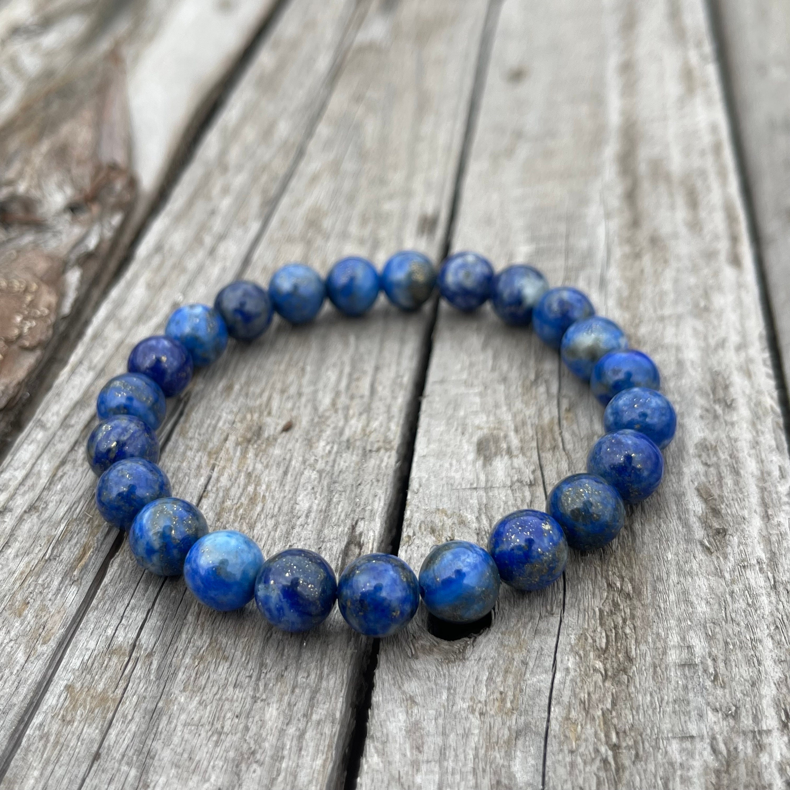 Small Rounded Fine Stone and Sterling Silver Medal Bracelet - Lapis Lazuli  - Beads - Range of customizable bracelets.