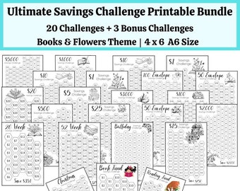 May include: A printable bundle of 23 savings challenges with a books and flowers theme. The challenges are designed to help you save money for specific goals, such as a birthday, Christmas, or a book fund. Each challenge is printed on a separate sheet of paper and features a unique design.