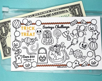 Savings Challenge Printable, Trick or Treat, 50 Dollar, For A6 Cash Envelopes, Halloween, Candy